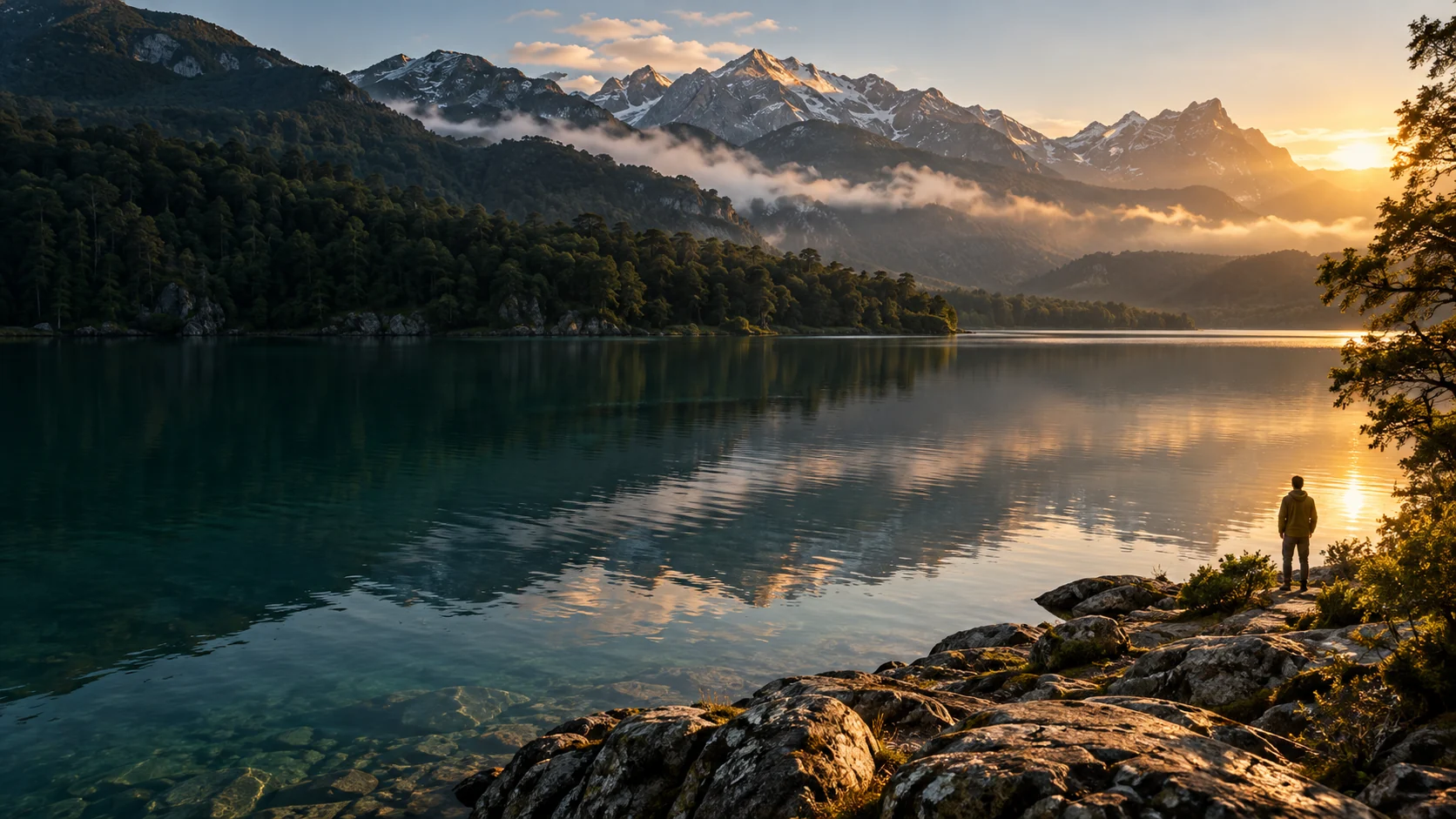 A lake surrounded by forest and mountains, with a traveler on the shore at sunrise