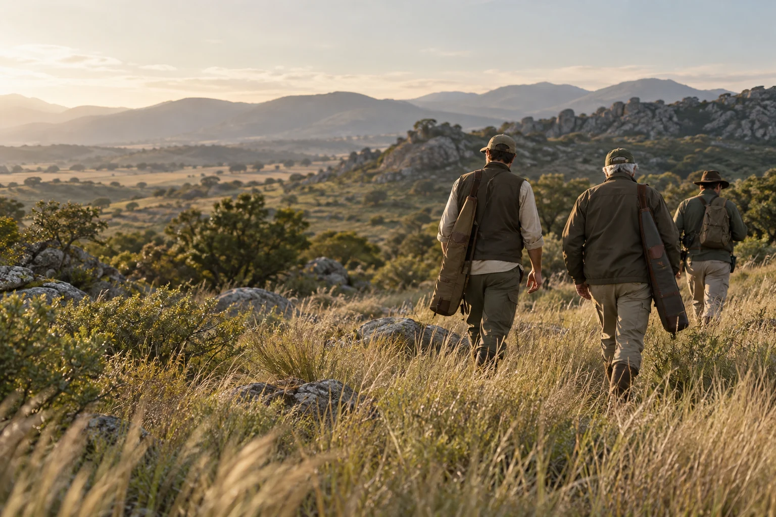 Three adults walk through rolling countryside with hunting equipment in carrying cases