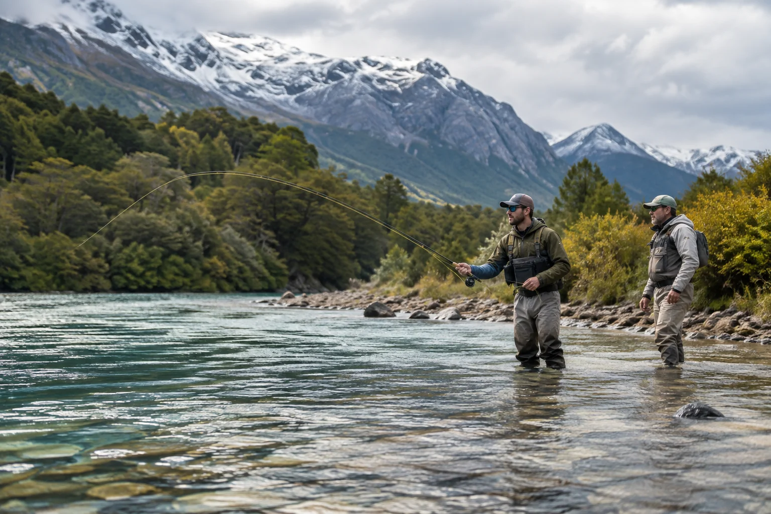 Um pescador com mosca e um guia junto a um rio de montanha
