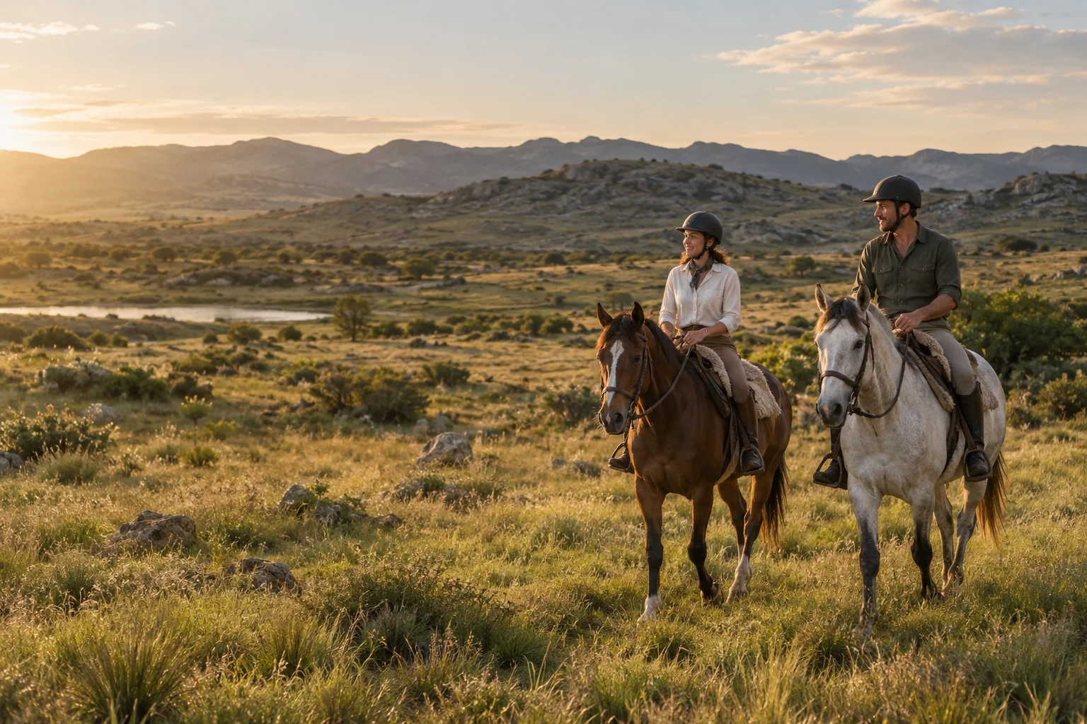 Two riders wearing helmets ride through open countryside in late afternoon
