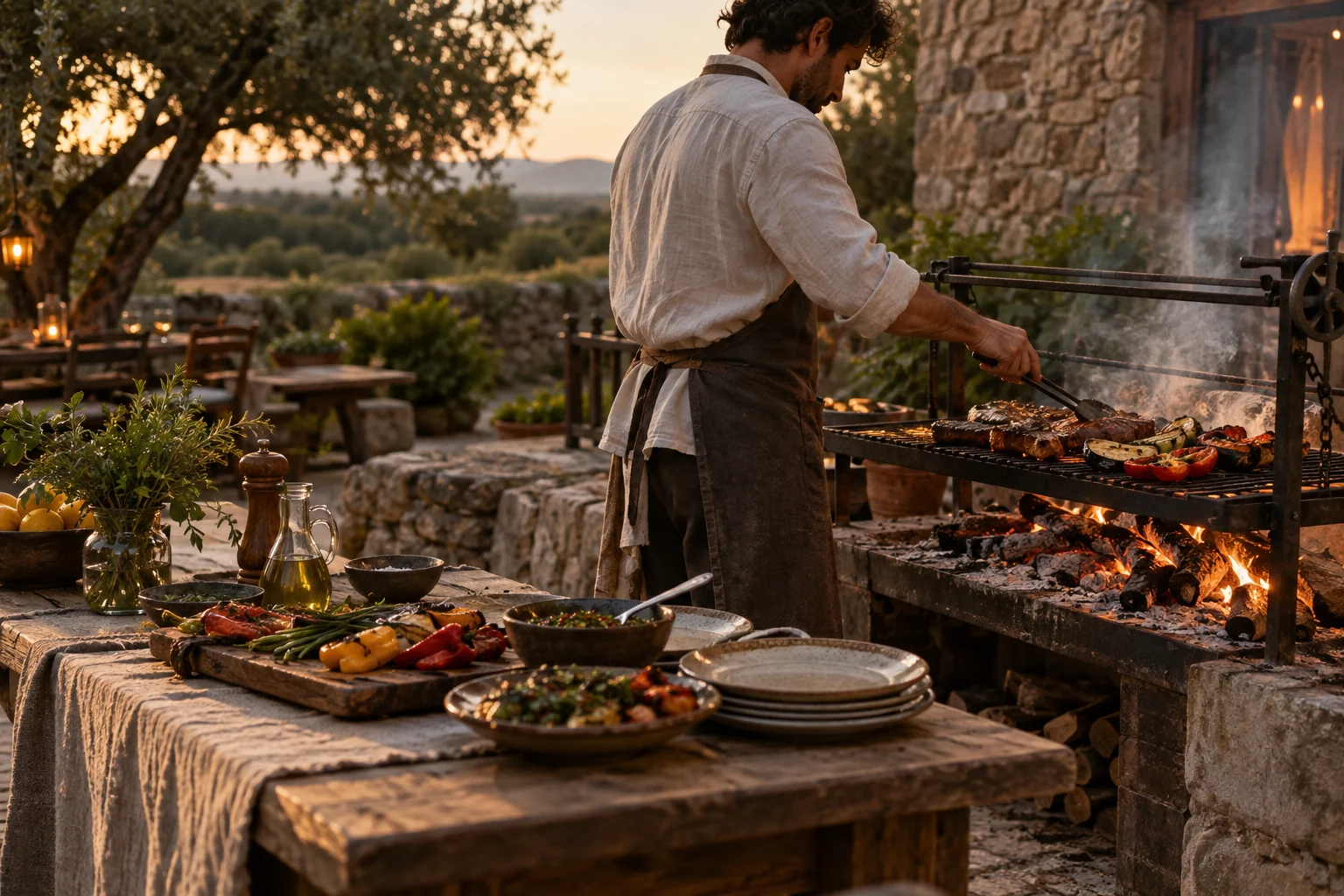 A cook prepares grilled meat and vegetables in a rural courtyard