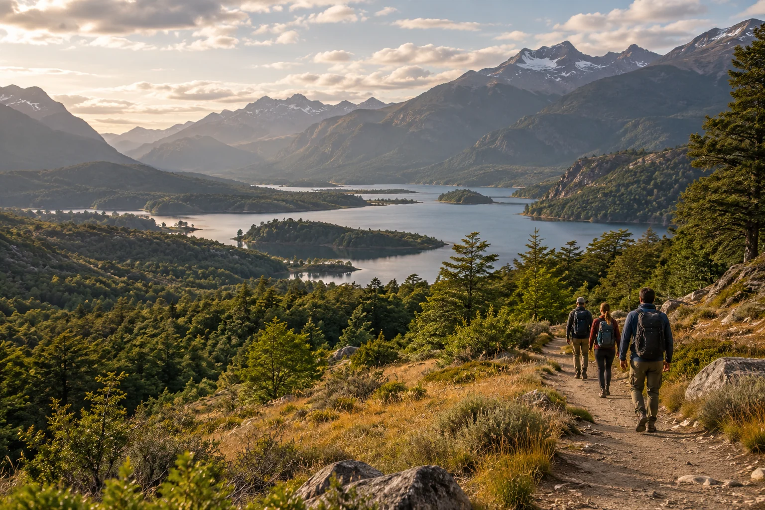 Três caminhantes seguem uma trilha com vista para lagos e montanhas