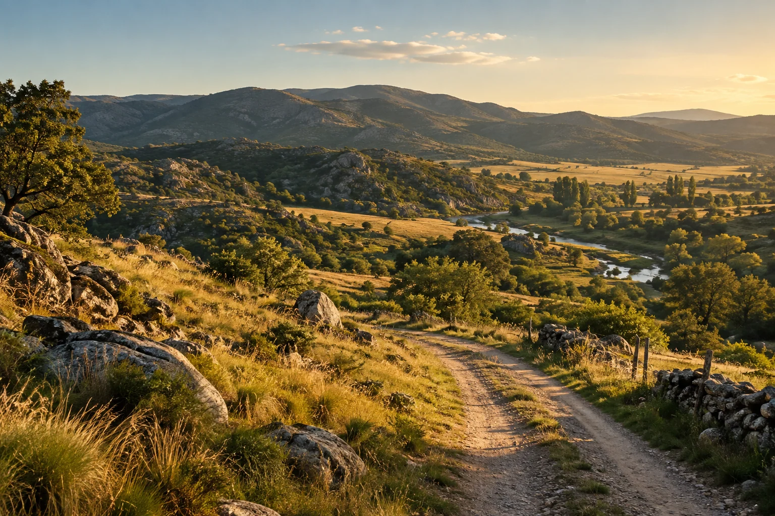 Illustrative landscape of low hills, vegetation and a rural track