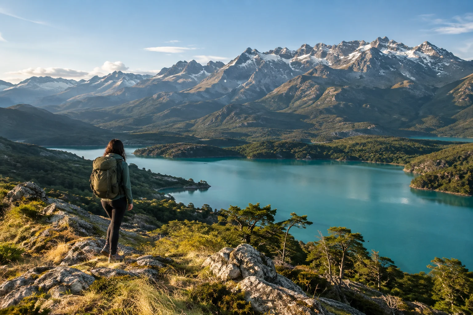A traveler overlooks a lake and mountains in a Patagonia-inspired landscape