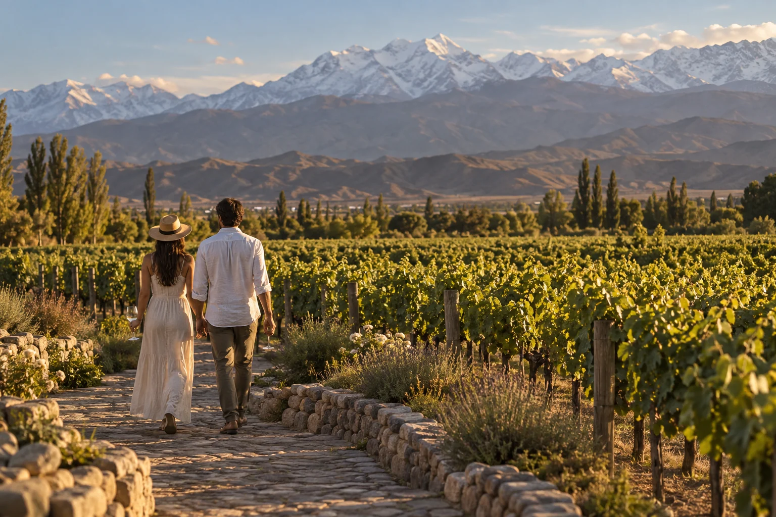 A couple walks through a vineyard with mountains in the background