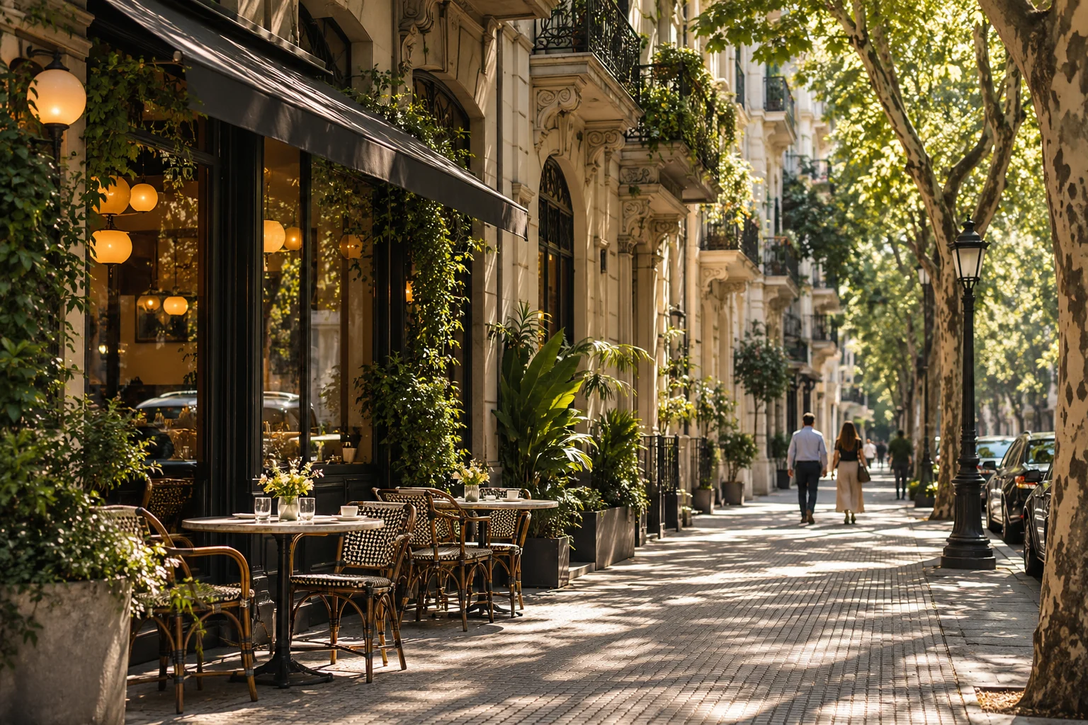 A tree-lined street with historic façades and a café terrace