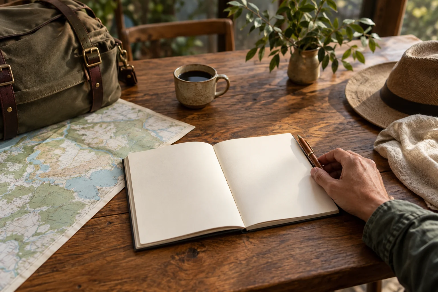 A blank notebook, map and bag on a travel-planning table