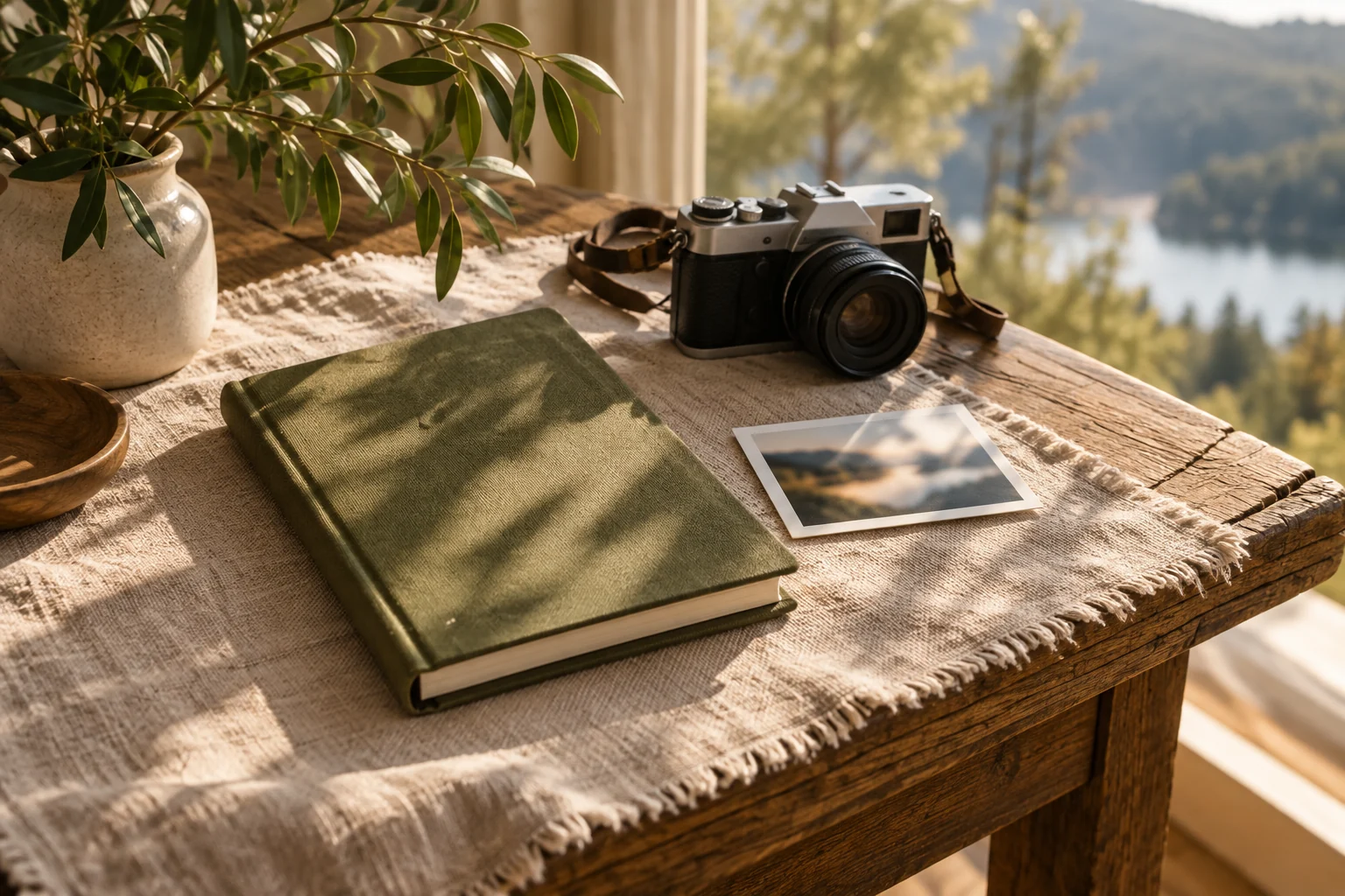 Un cuaderno de viaje, una cámara y una copia de un paisaje sobre una mesa