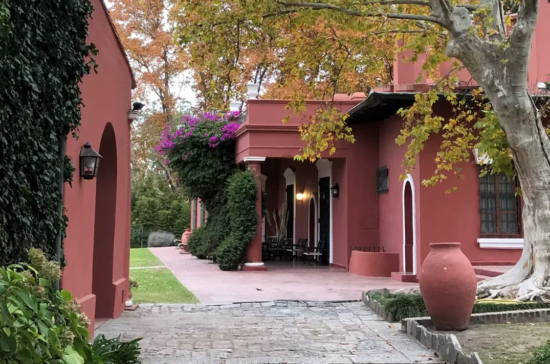 The cobbled approach to the house at Estancia La Loma, between ivied walls and under a bougainvillea in flower